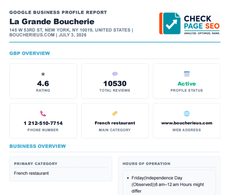 Google Business Profile La Grande Bouche - Check Page SEO