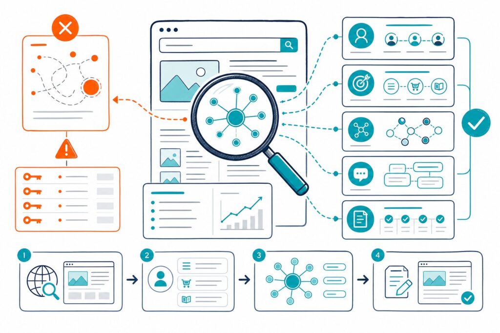 An SEO infographic showing a search interface connected to webpage elements, keyword groups, related topics, and content optimization steps.