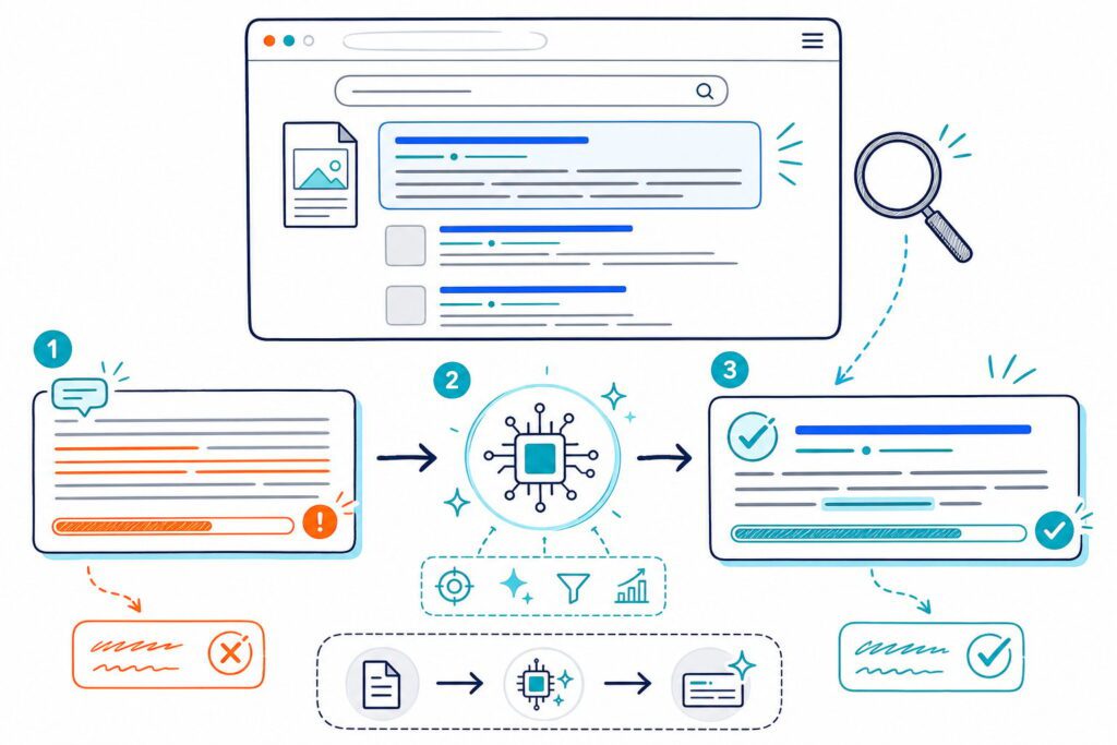 An illustration showing an AI workflow that transforms a webpage description into an optimized search-result preview.