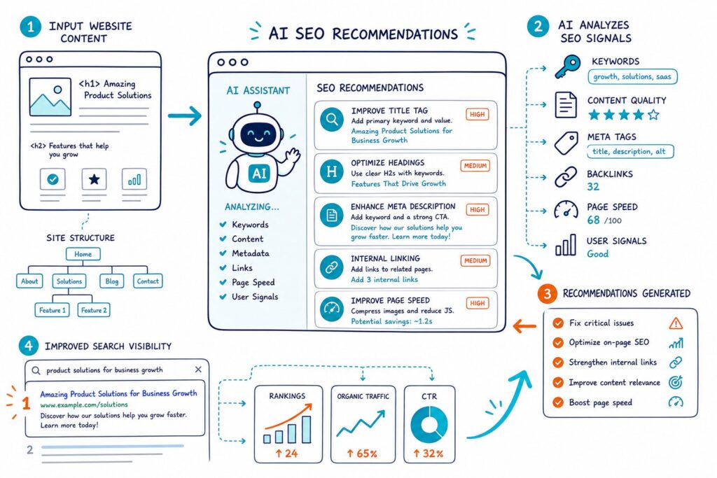 An AI assistant analyzes a webpage and generates SEO recommendations connected to keywords, content, analytics, and improved search visibility.