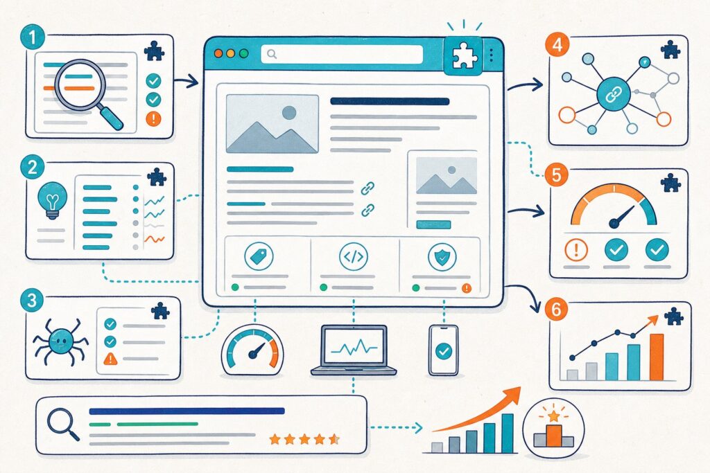 A browser window surrounded by connected SEO tool panels showing webpage analysis, keywords, links, performance, and search rankings.