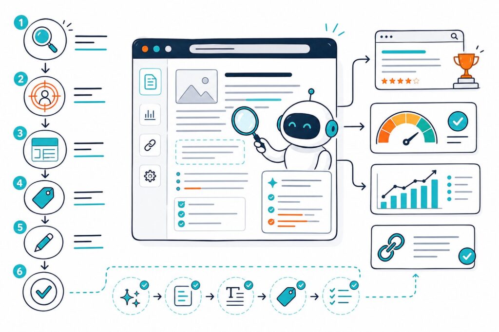 An AI assistant reviews a webpage with SEO icons, content improvements, workflow arrows, and analytics elements.
