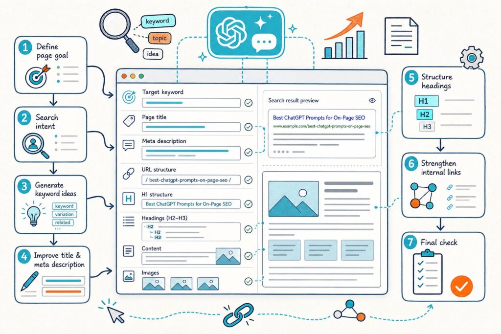 An illustrated SEO workflow showing ChatGPT prompts improving a webpage’s title, headings, keywords, metadata, links, and final optimization checklist.