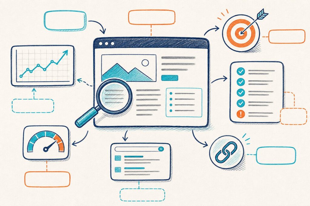 A hand-drawn infographic shows a webpage being inspected with a magnifying glass and connected SEO analysis icons, including a chart, checklist, links, and a speed gauge.