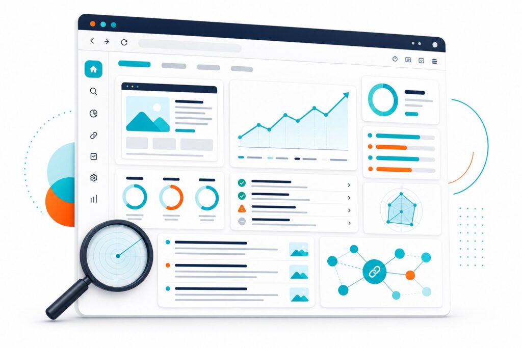 A browser window displays a text-free SEO dashboard with ranking charts, score indicators, audit cards, and search analysis graphics.