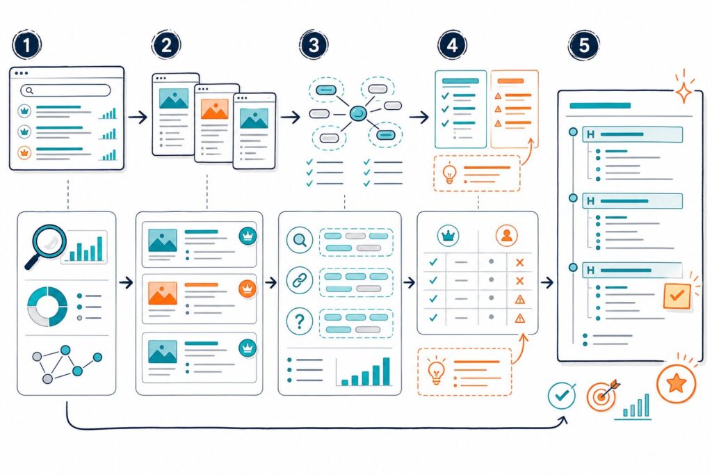 An SEO workflow illustration showing competitor webpages being compared to identify content gaps and organize a structured article outline.