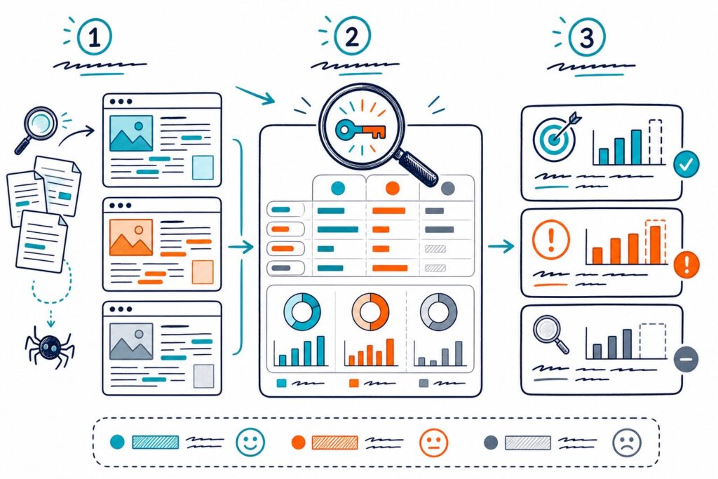 An infographic showing competitor webpages being compared with a magnifying glass, keyword highlights, charts, and numbered analysis steps.