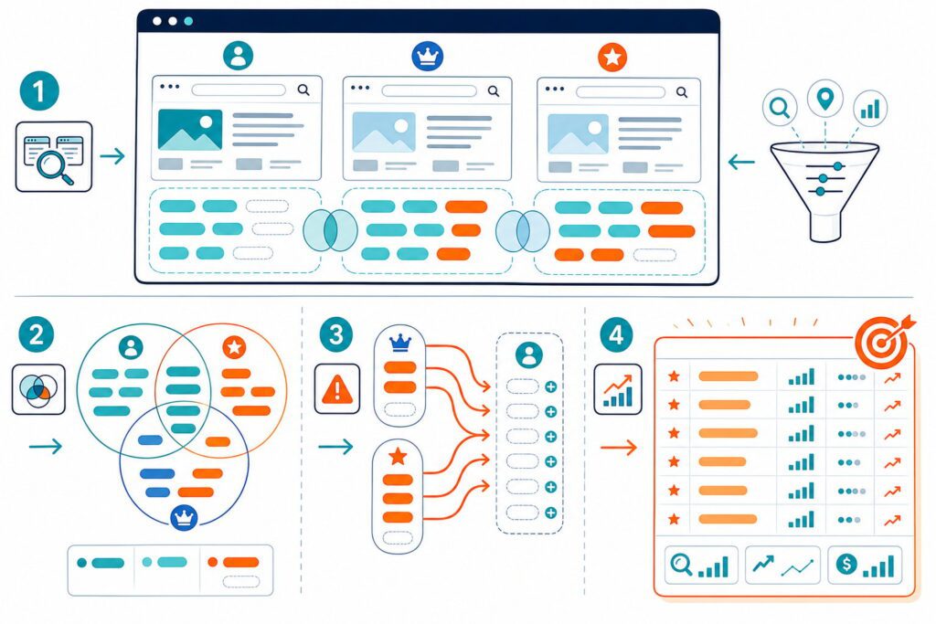 An SEO dashboard compares a website with competitor sites to reveal missing keyword opportunities and prioritize them in a ranked list.