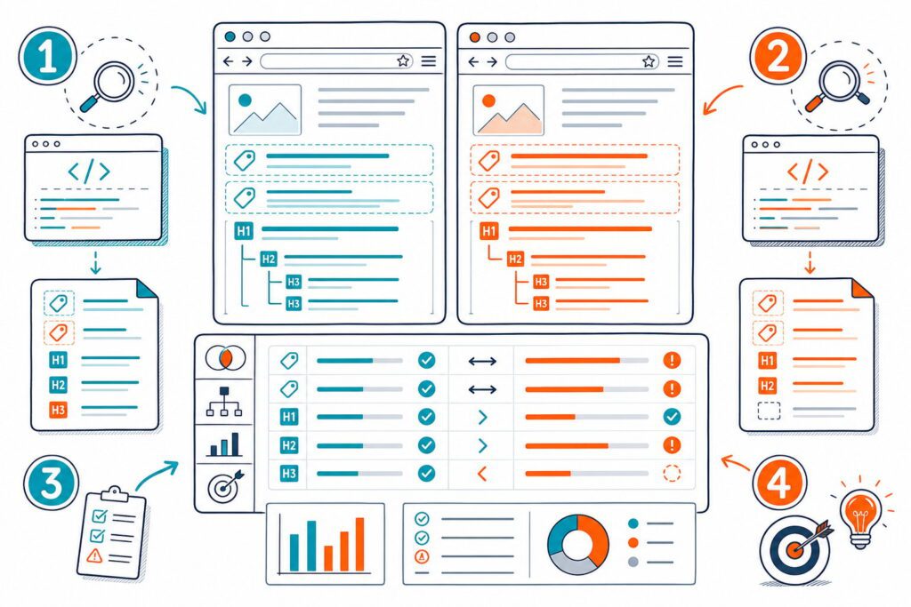 An infographic showing two webpages being compared for meta tags and heading structure through browser panels, SEO icons, arrows, checks, and warnings.