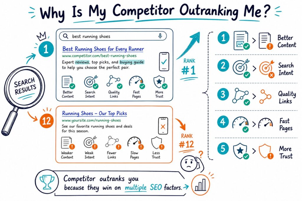 An SEO comparison infographic showing a competitor ranking above a lower webpage result, with arrows and icons representing content, search intent, backlinks, speed, and trust.