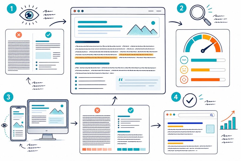 An infographic shows a webpage being checked for readability with text structure, scanning, mobile preview, and SEO improvement indicators.