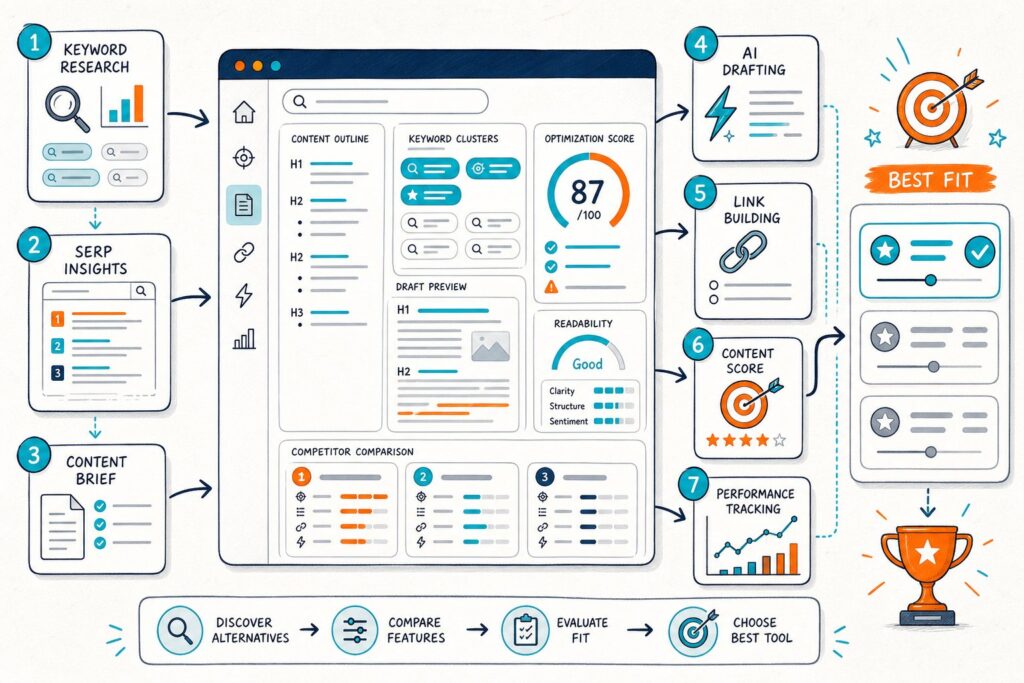 An SEO content optimization dashboard compares several software tool pathways using keyword, writing, linking, scoring, and analytics icons.