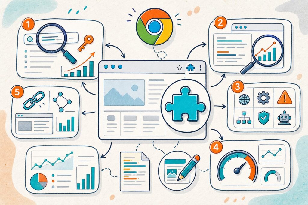 An illustrated browser extension hub connects to icons representing keyword research, webpage audits, technical SEO, performance tracking, backlinks, and search rankings.