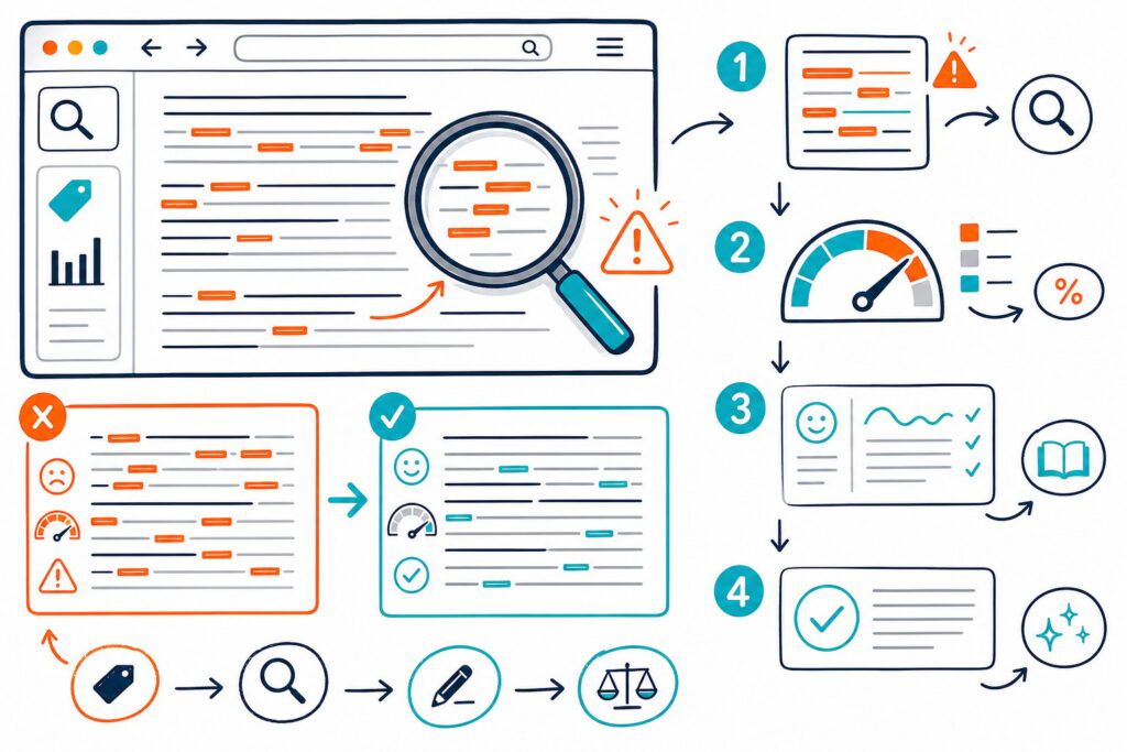 An SEO content audit illustration showing a webpage with repeated keywords being identified and improved for more natural, readable writing.