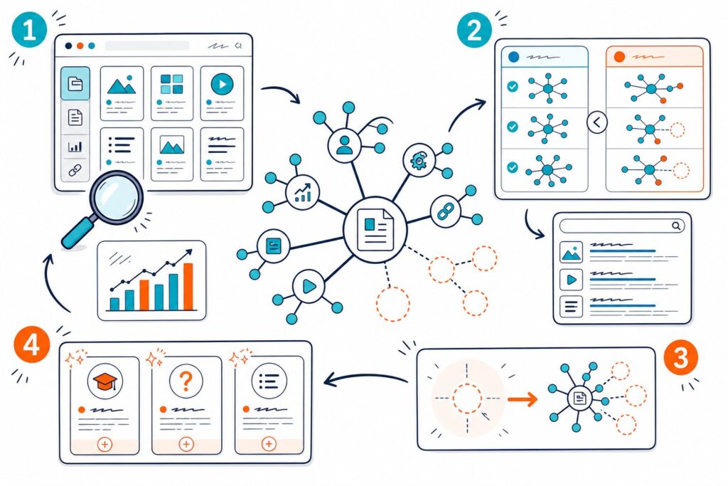 An SEO dashboard shows connected content topics with several missing nodes, comparison elements, and a completed content plan.