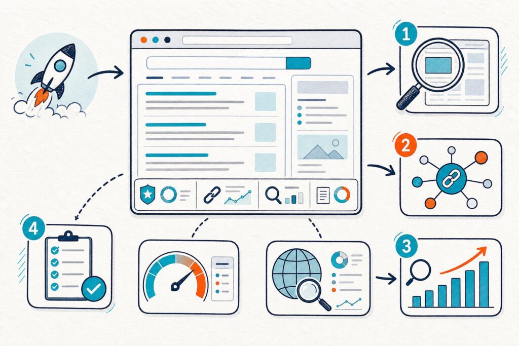An illustrated browser page connects to several SEO tool concepts, including keyword analysis, backlink research, page inspection, site performance, and optimization checklists.