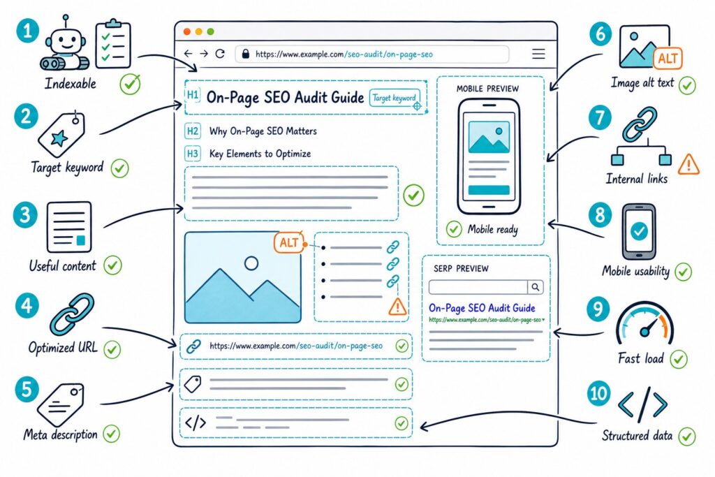 An illustrated webpage audit dashboard surrounded by numbered SEO checkpoints for content, links, images, mobile usability, speed, and search visibility.