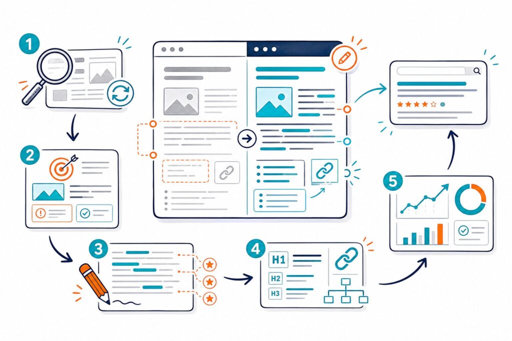 An illustrated workflow showing a webpage being reviewed, improved, and connected to SEO analysis tools.