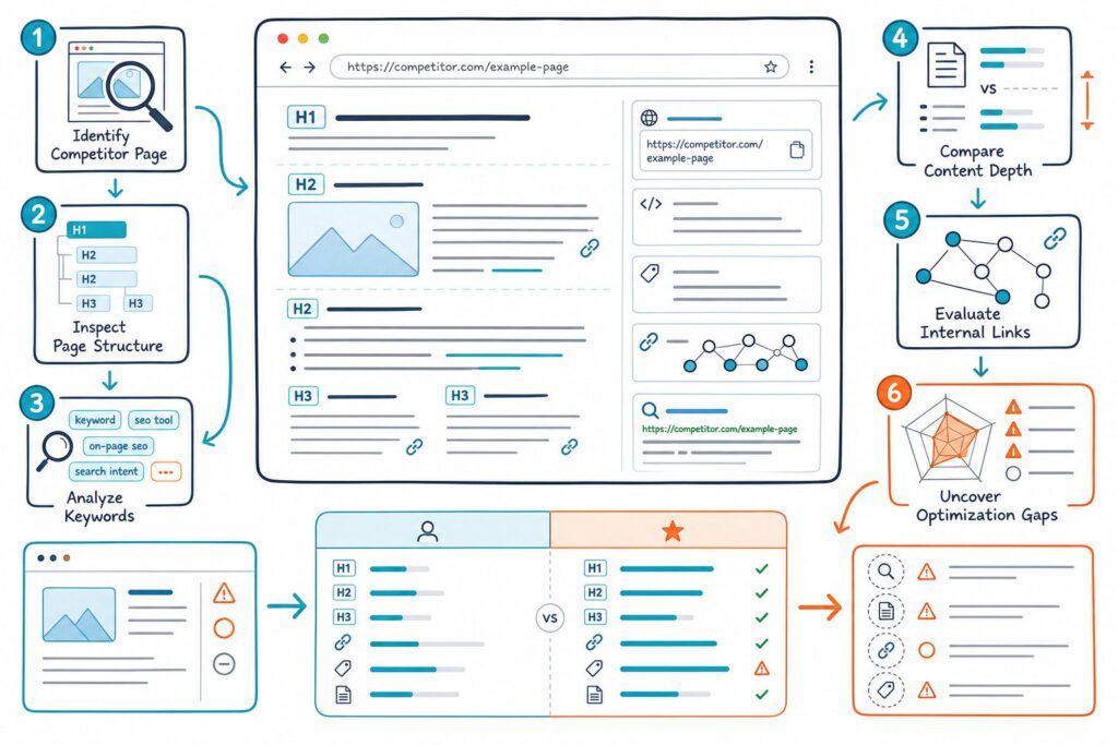 An infographic shows a competitor webpage being analyzed through SEO steps including page structure, keywords, content depth, internal links, and optimization gaps.