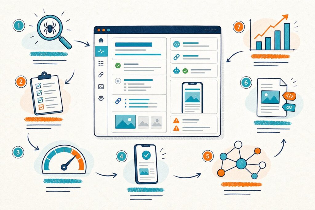 An illustrated SEO dashboard surrounded by tools and icons for crawling, auditing, performance, mobile optimization, linking, content analysis, and analytics.