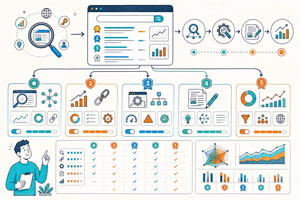 An illustrated SEO comparison dashboard showing several alternative tools with webpage, keyword, ranking, backlink, audit, and analytics icons connected by arrows.