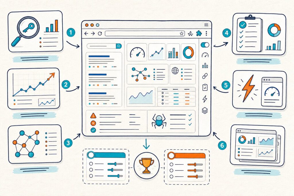 An SEO comparison infographic showing a central website analytics dashboard connected to several alternative SEO tool features, including keyword research, rankings, backlinks, site audits, and reporting.