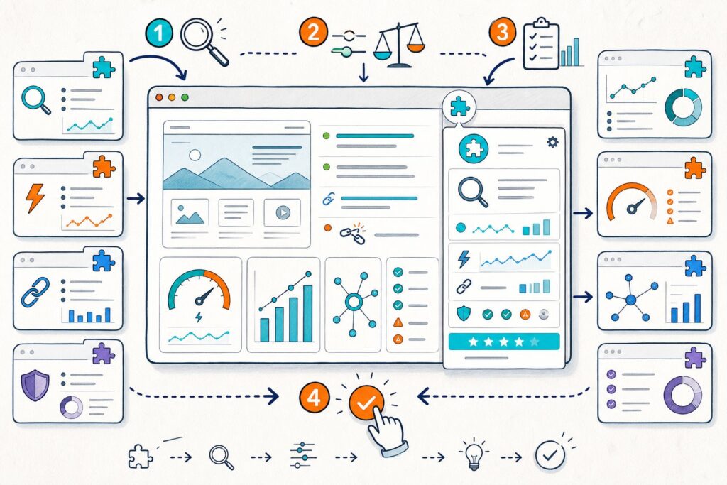 An illustrated browser SEO audit with several alternative tool panels connected by comparison arrows and SEO icons.