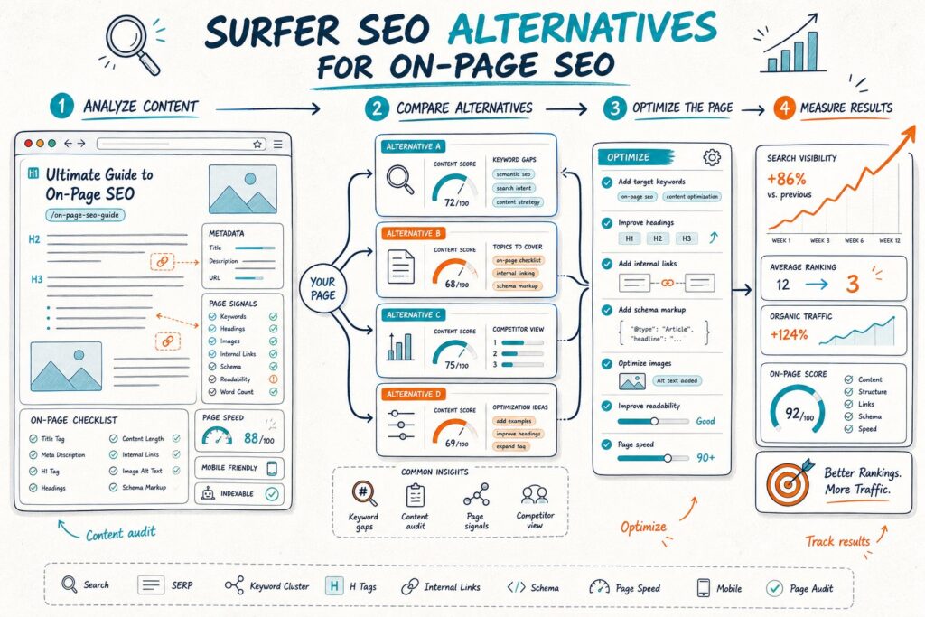 An infographic shows several SEO analysis and optimization tools connected to a webpage audit workflow, ending with an improved page and rising search performance.