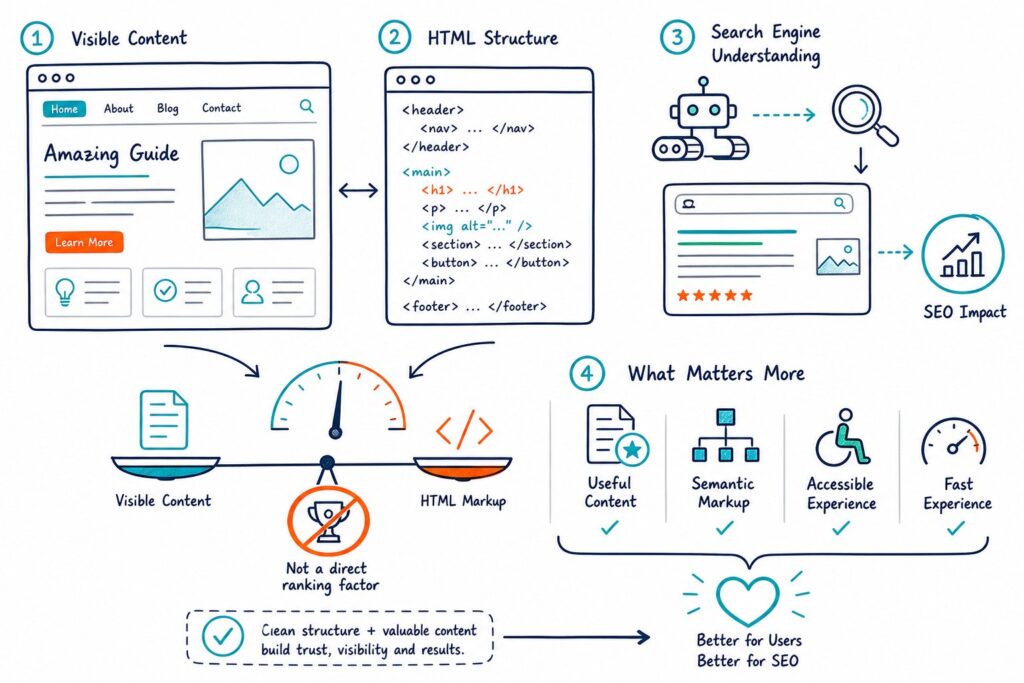 Text-to-HTML ratio SEO diagnostic infographic showing page code and useful content