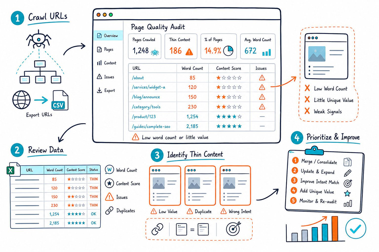 How to Find Thin Content Pages: A Practical Audit - v2 1isqdk miqd9 An SEO audit dashboard showing how to identify webpages with very little content and prioritize them for improvement.