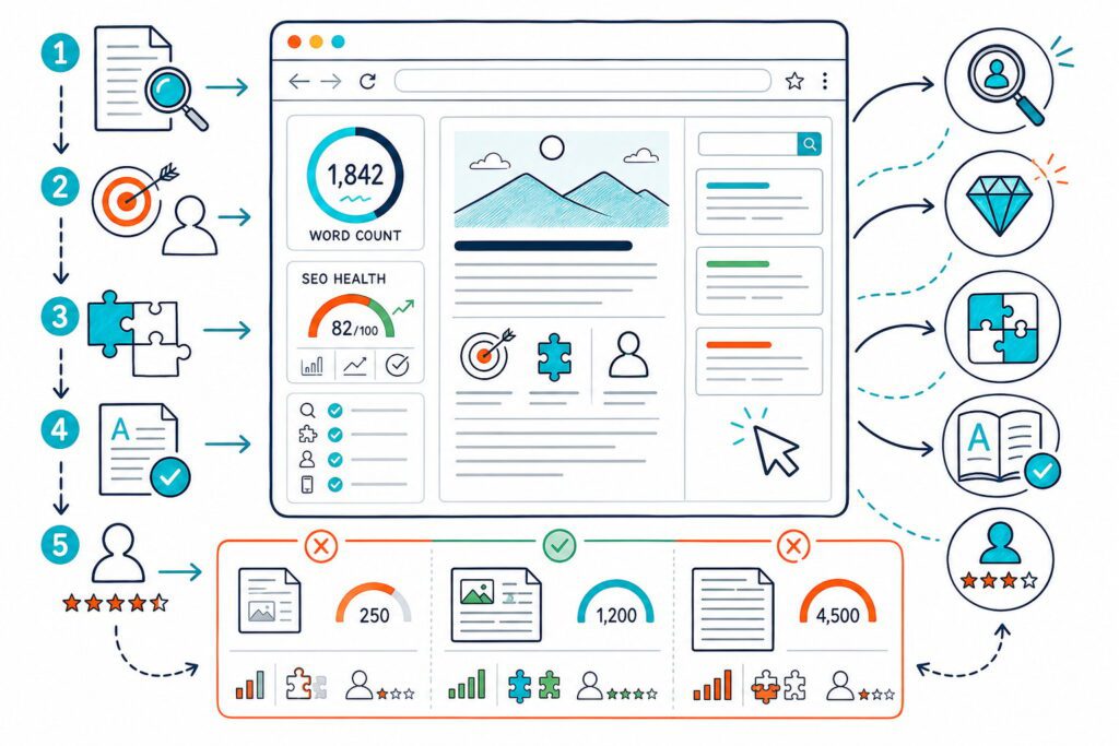 An SEO dashboard illustration showing a website word count analysis connected to search intent, content quality, readability, topic coverage, and user value.