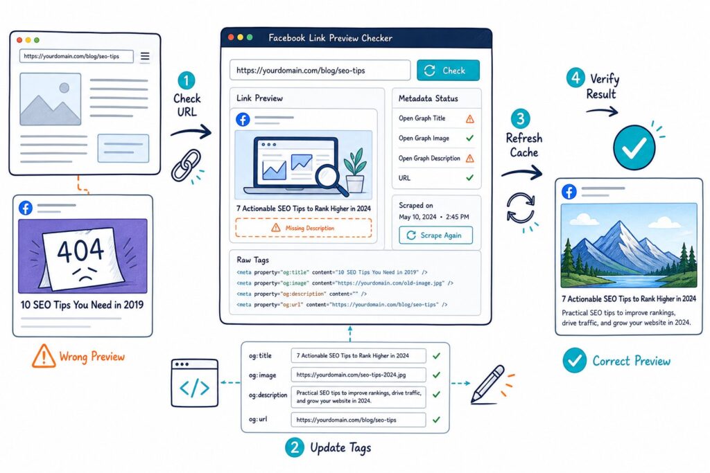 An illustrated workflow shows a broken social link preview being checked, updated, refreshed, and corrected in a web dashboard.