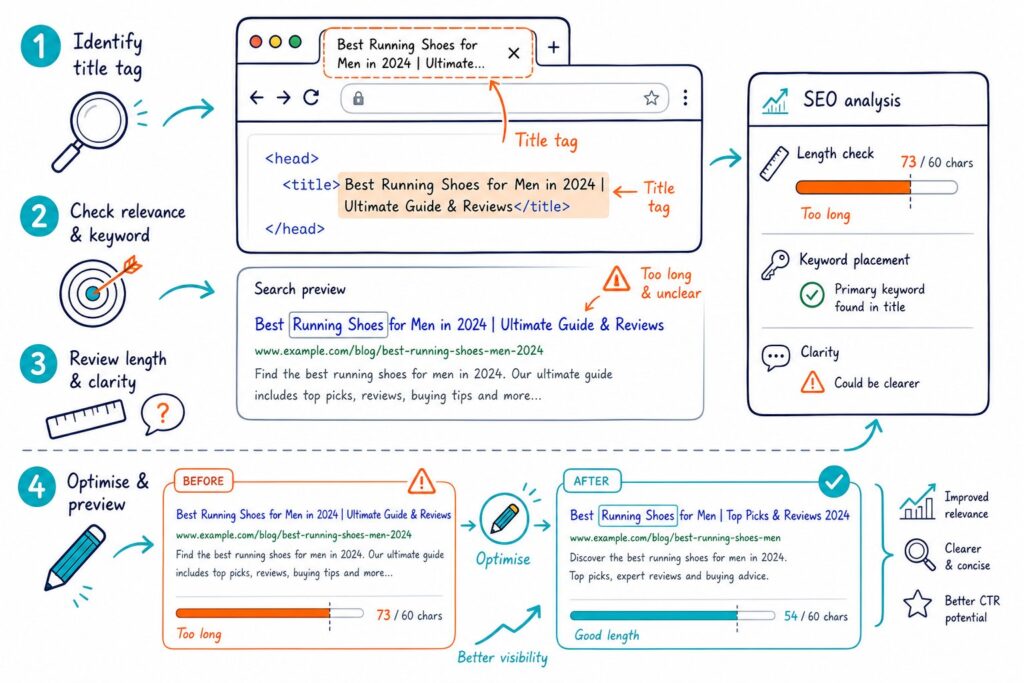 An SEO infographic showing a webpage title tag being checked for relevance, length, keywords, and improved search-result presentation.