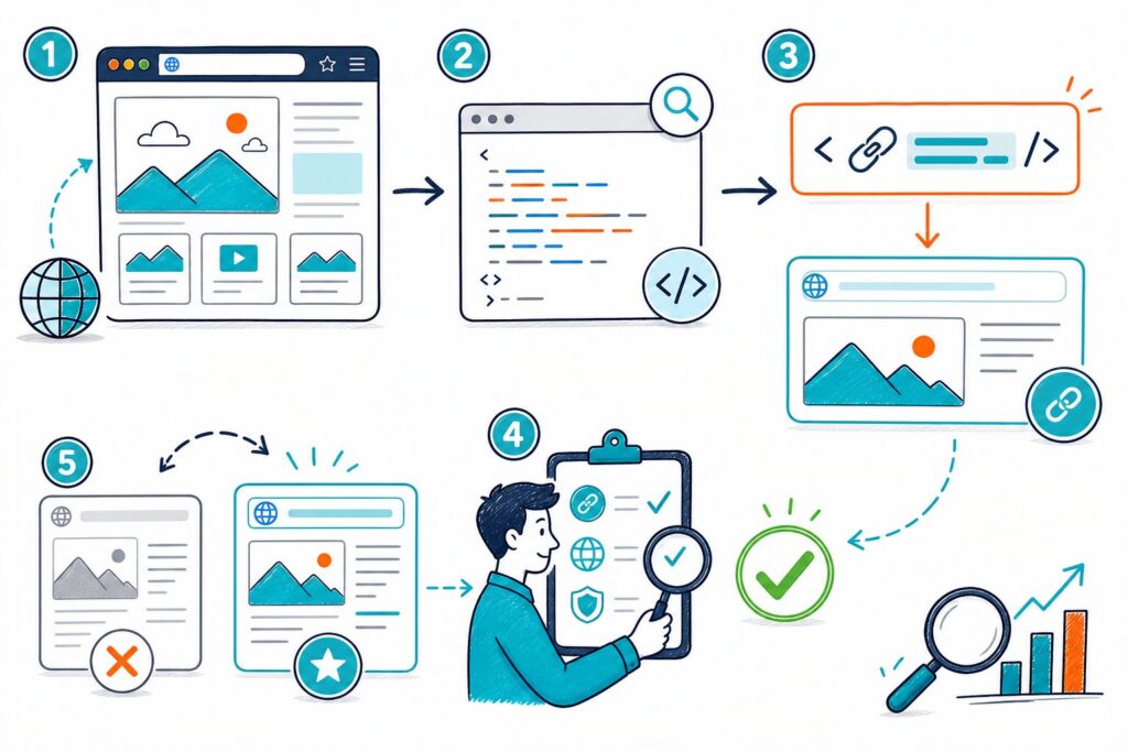 An SEO workflow illustration showing a webpage, its source code, a highlighted canonical link, and a verification check connecting to the preferred page.