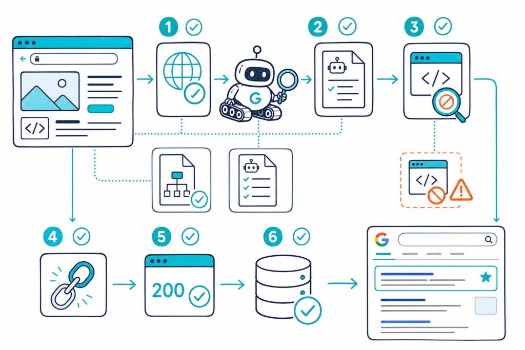 An infographic shows a webpage moving through SEO checks for crawlability, indexing permissions, canonicalization, server status, and appearance in search results.