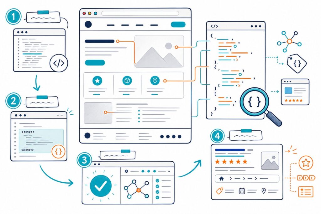An illustrated browser page connects to a JSON-LD code panel, validation check, and enhanced search result preview.