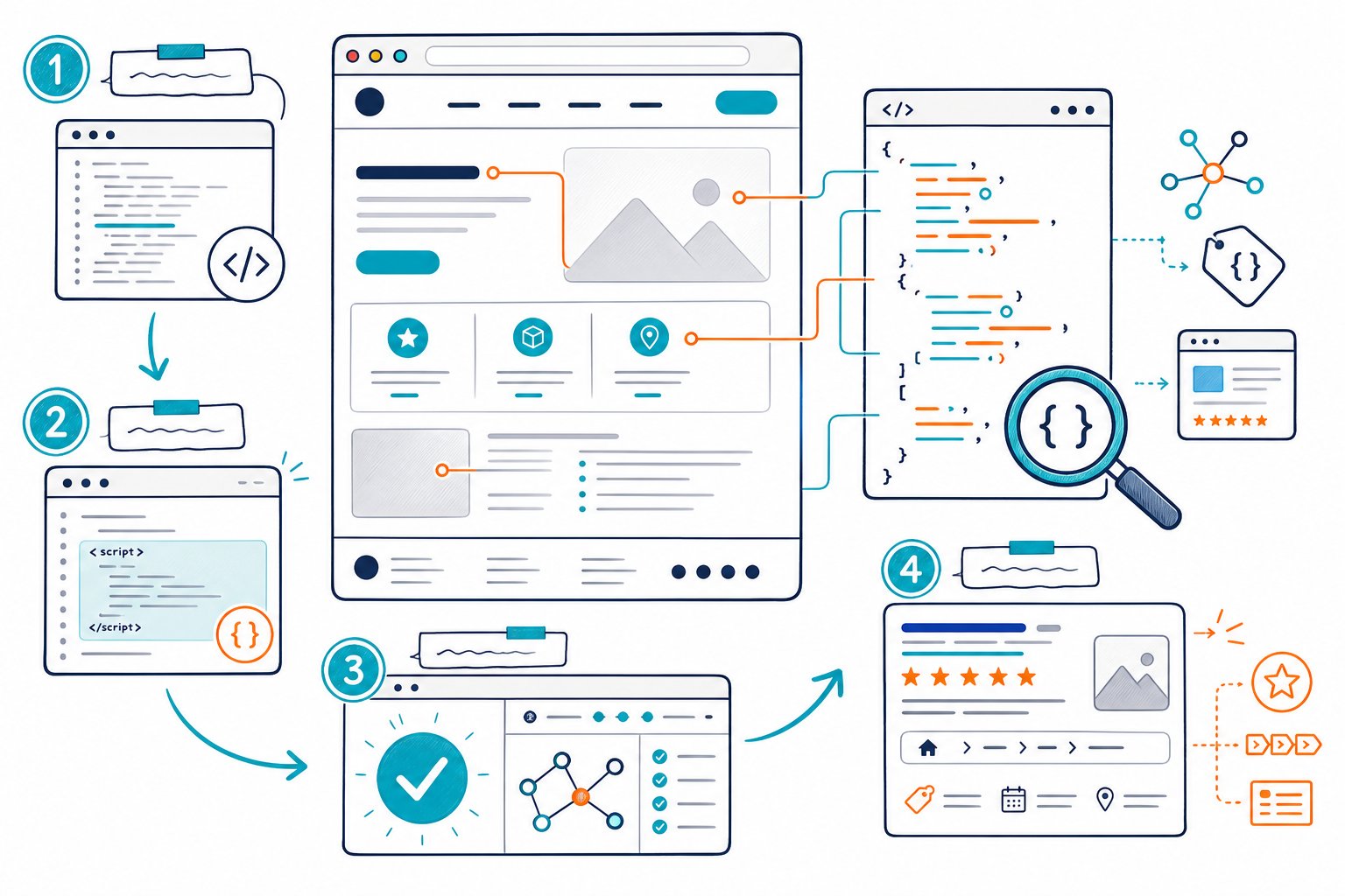 How to Check JSON-LD and Schema Markup on Any Page - how to check json ld and schema markup on a web page An illustrated browser page connects to a JSON-LD code panel, validation check, and enhanced search result preview.