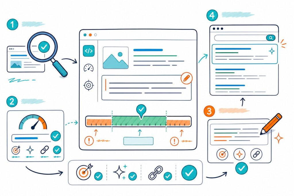 An SEO workflow illustration showing a browser search preview, a meta description length meter, editing tools, and optimization steps connected by arrows.