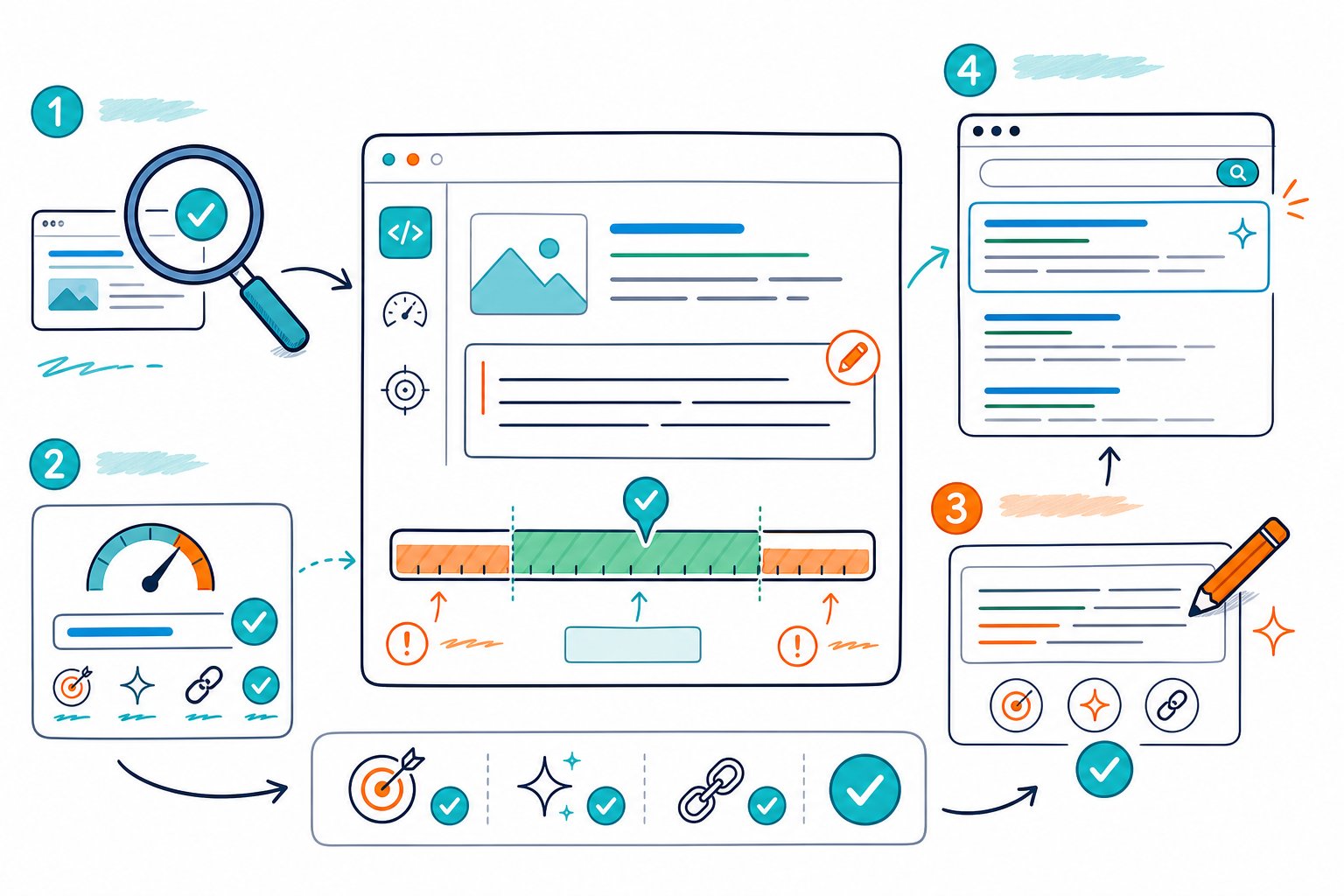 How to Check Meta Description Length: 2026 Guide - how to check meta description length and optimisation An SEO workflow illustration showing a browser search preview, a meta description length meter, editing tools, and optimization steps connected by arrows.