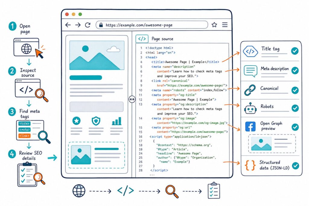 An illustrated browser page connected to an SEO inspection panel showing meta tags, checks, icons, and numbered steps for reviewing webpage metadata.