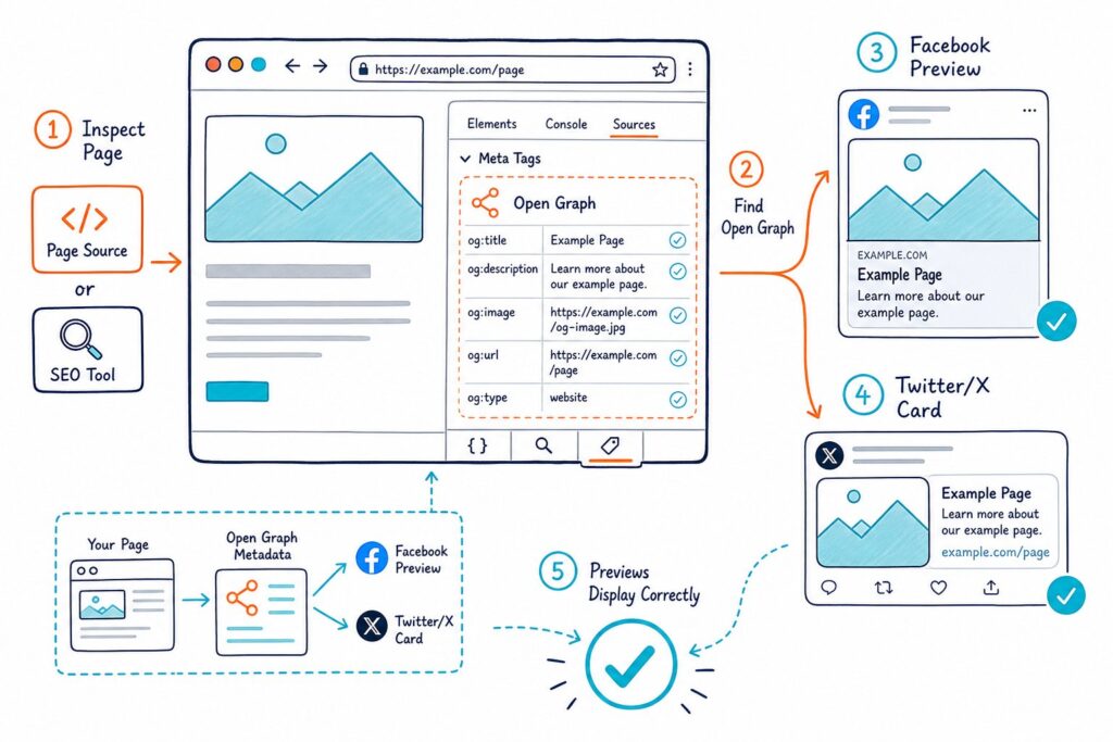 An SEO inspection workflow showing a webpage, metadata fields, and connected social sharing preview cards for Open Graph, Facebook, and Twitter/X.
