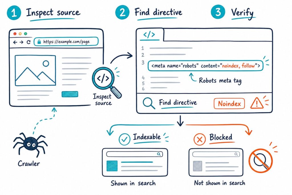 An illustrated three-step workflow showing how to inspect a webpage, find a robots meta directive, and determine whether the page can be indexed by search engines.