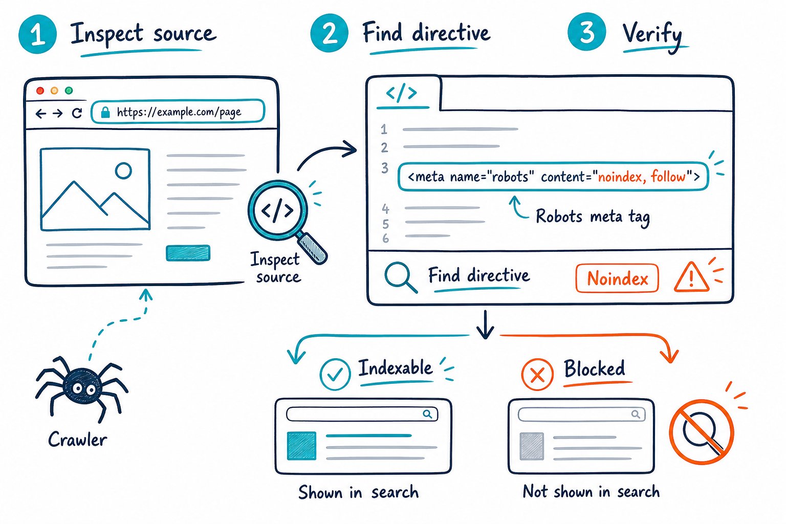 How to Check Robots Meta Tags and Noindex Directives: SEO QA - how to check robots meta tags and noindex directives An illustrated three-step workflow showing how to inspect a webpage, find a robots meta directive, and determine whether the page can be indexed by search engines.