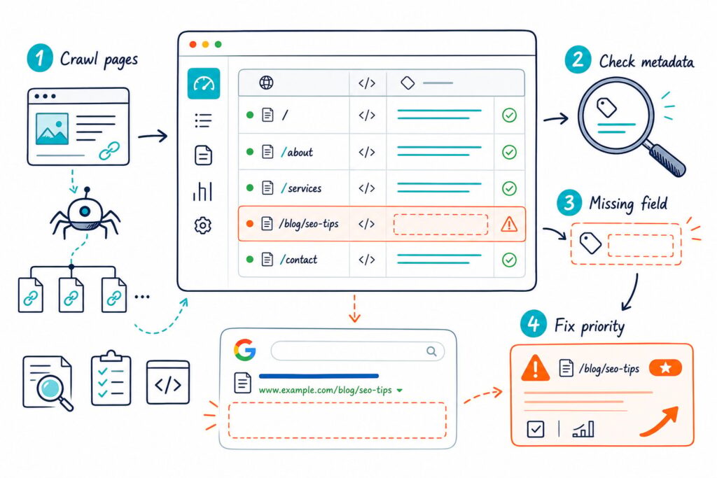An SEO audit illustration showing a website scan that identifies webpages with empty meta description fields.