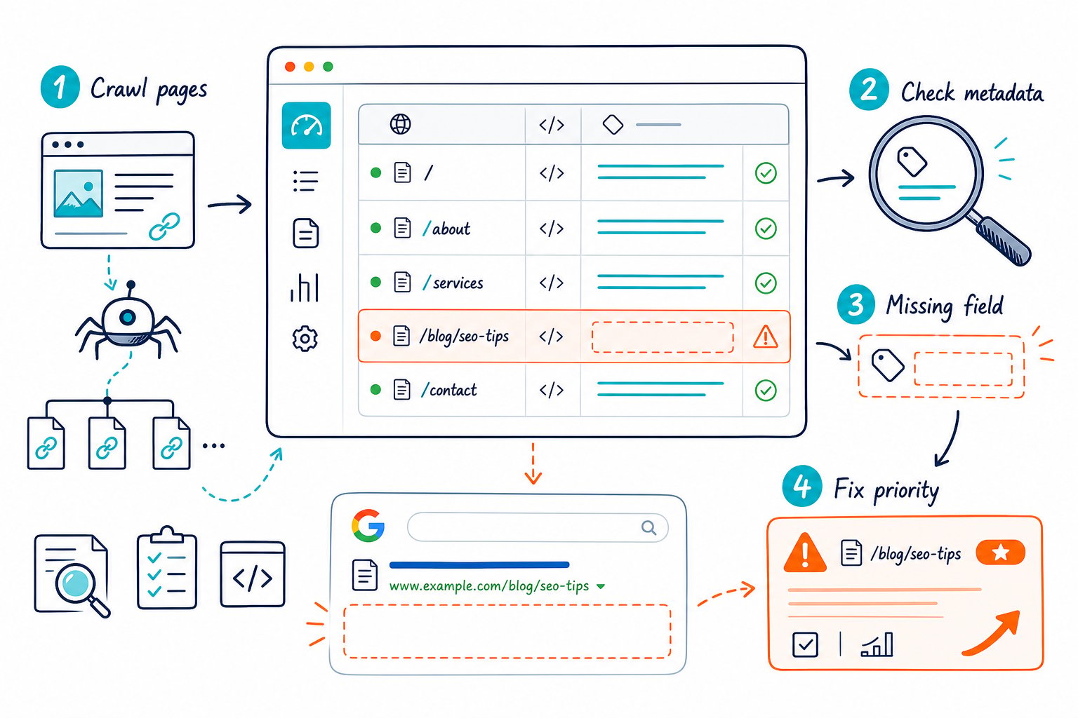 How to Find Missing Meta Descriptions and Fix Them - how to find missing meta descriptions An SEO audit illustration showing a website scan that identifies webpages with empty meta description fields.