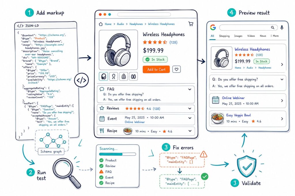 An illustrated workflow showing structured data code being tested and transformed into enhanced search result previews with validation checks and numbered steps.