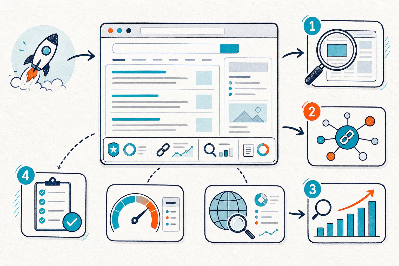 An illustrated browser page connects to several SEO tool concepts, including keyword analysis, backlink research, page inspection, site performance, and optimization checklists.