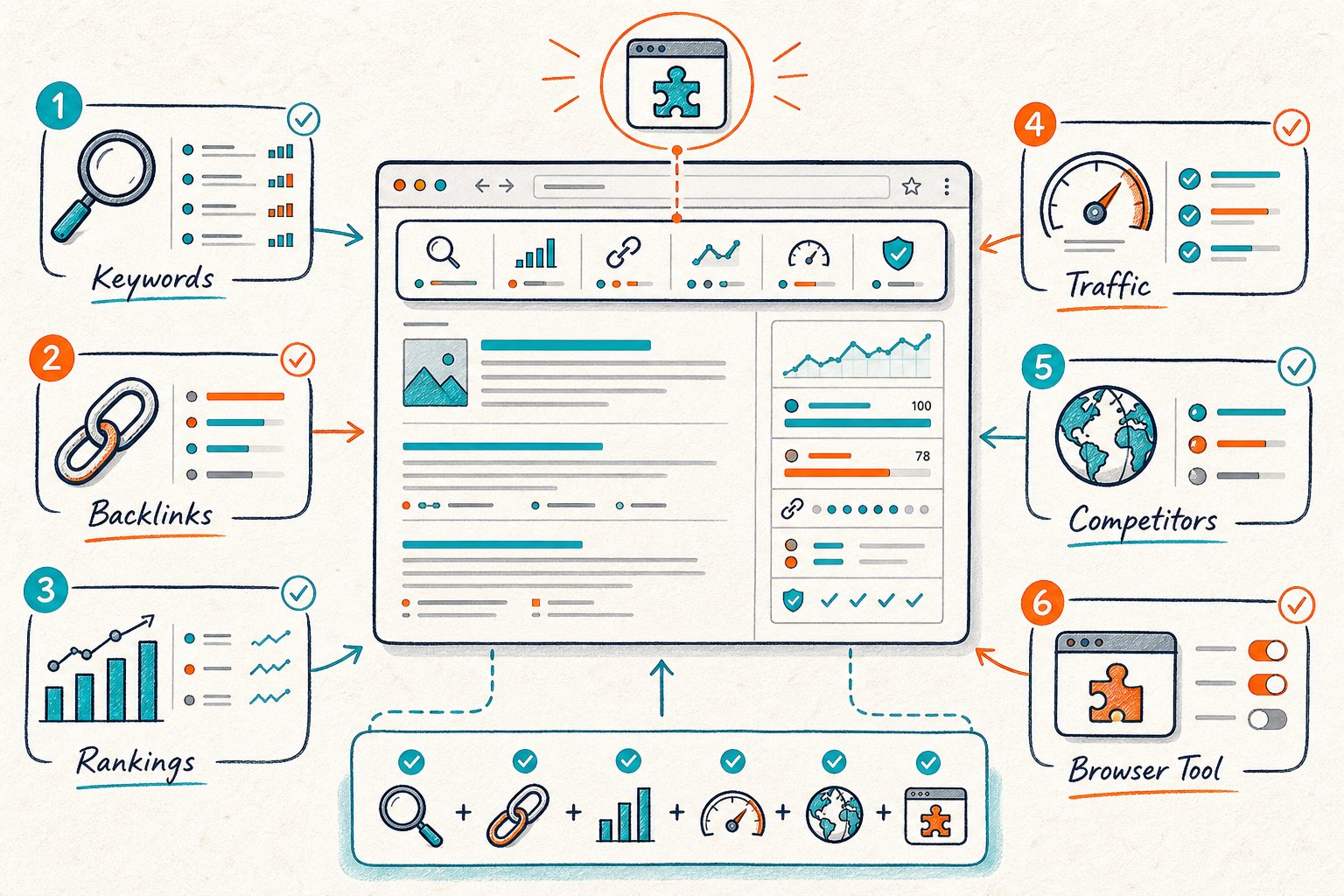 An infographic showing a central SEO browser dashboard connected to alternative tools for keywords, backlinks, rankings, traffic, audits, competitors, and browser analysis.