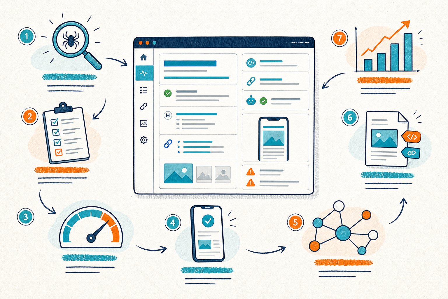 An illustrated SEO dashboard surrounded by tools and icons for crawling, auditing, performance, mobile optimization, linking, content analysis, and analytics.
