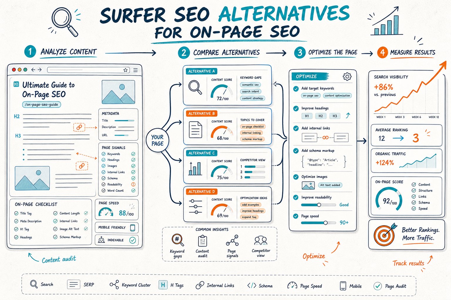 An infographic shows several SEO analysis and optimization tools connected to a webpage audit workflow, ending with an improved page and rising search performance.